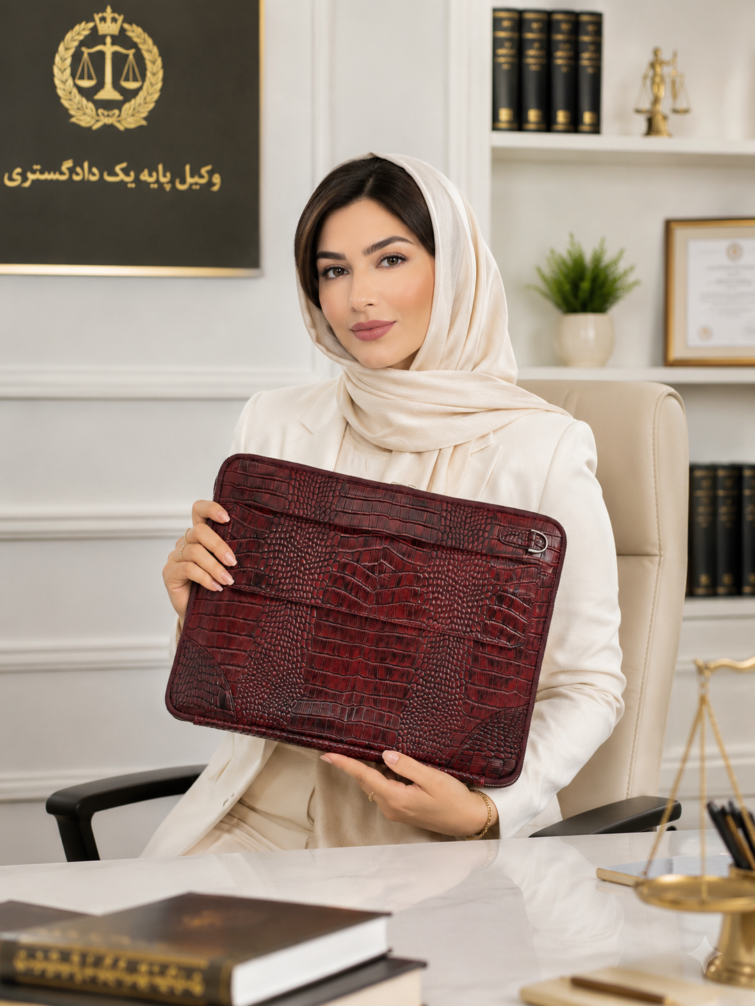 کیف وکالتی( فولدر ) اداری دورزیپ جیب دار چرم طبیعی طرح روکو زرشکی