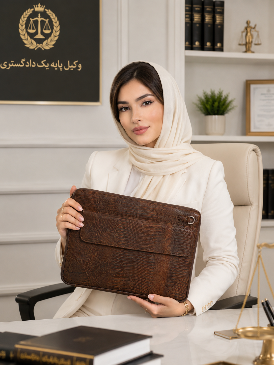 کیف وکالتی( فولدر ) اداری دورزیپ جیب دار چرم طبیعی طرح لزارد قهوه‌ای